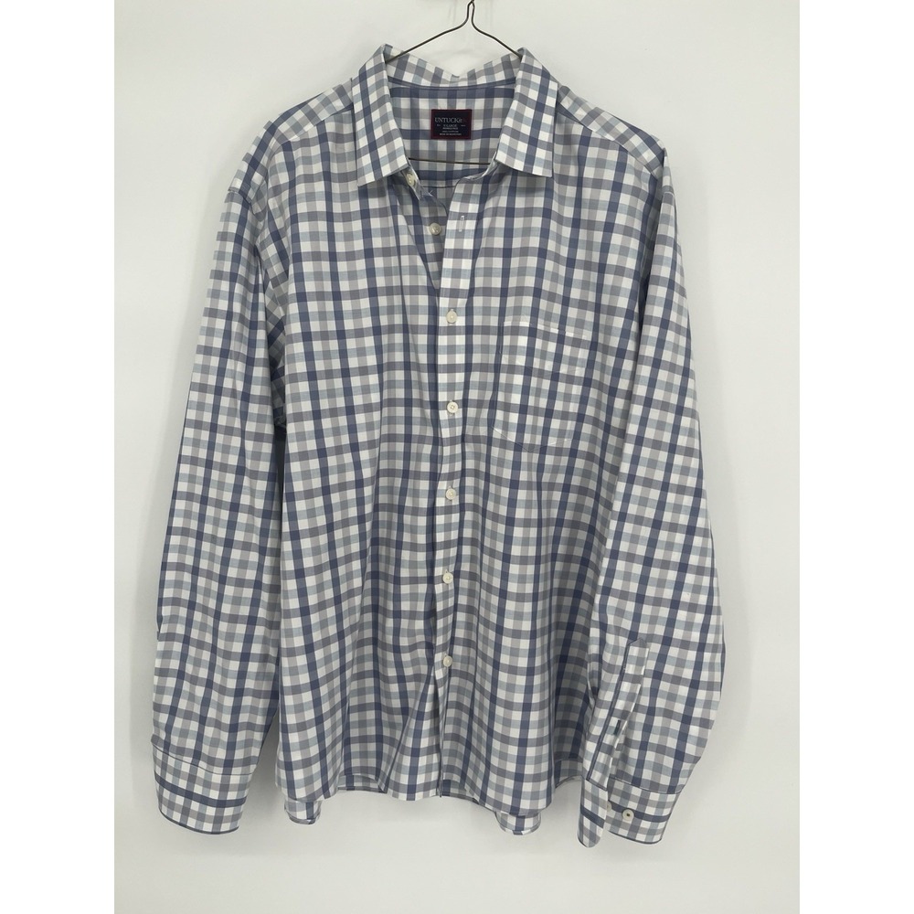 UNTUCKIT Men's Sz XL Button Up Shirt Blue Gray Plaid Wrinkle Free Long Sleeve